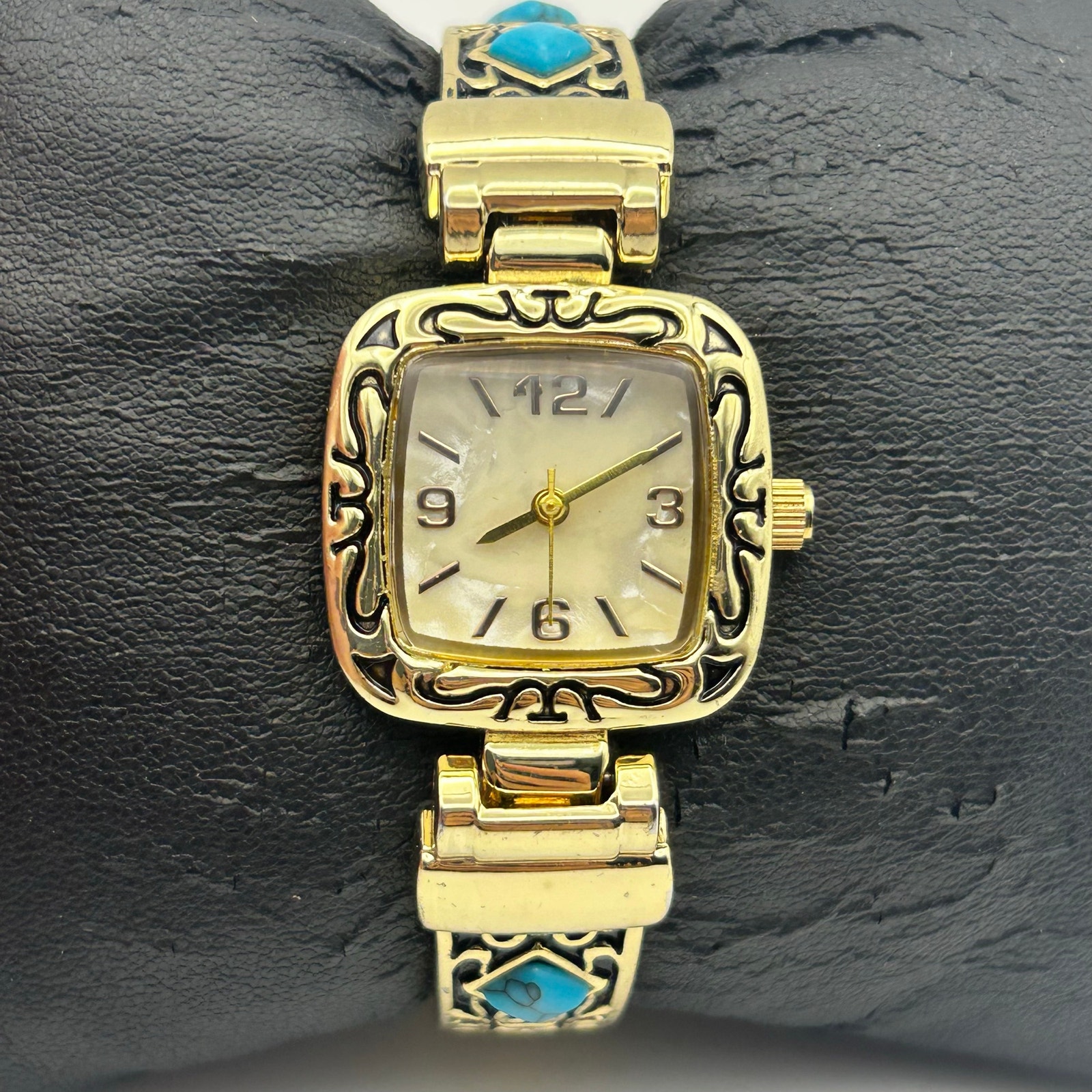 Pavana GoldTone Womens Cuff Watch Featuring Turquoise Accents New Battery